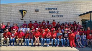 Photos Courtesy of Memphis ISD Memphis ISD students and staff sport red Wednesday, Sept. 7, following the death of Chillicothe High School students Lexi Jo Flynn, 16, and Zoey Flynn, 14, who were involved in a fatal wreck Thursday, Sept. 1.
