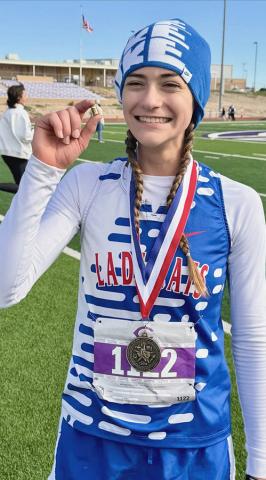 Selah Smith, a sophomore, is the sole Childress advancer, taking the 2026 Girls’ District Cross Country Championship. She will compete at the area meet in Lubbock on Oct. 26. COURTESY PHOTO