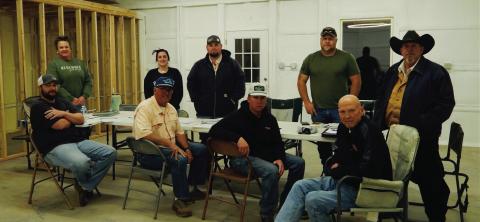 The Wellington Gun Club Board of Directors, including, front row, from left, Matt Needham, Jason Dugan, Vice President Creed Riley, Cliff Waller, and back row, from left, Secretary Carrie Skelton, Treasurer Brook Patterson, Kenny Patterson, President Chad Skelton and Kent Riley, plans for spring shooting events at the Thursday, March 13 meeting. Not pictured: Lauren Patterson. The Red River Sun/Bev Odom