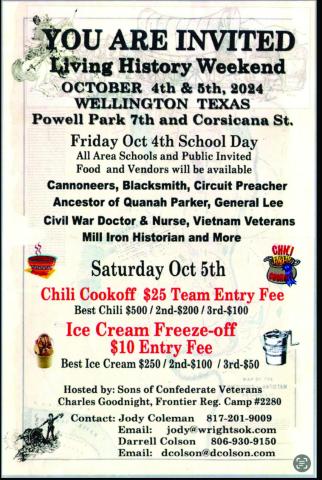 The Fourth Annual Rocky Sprott Living History Weekend will take place Friday, Oct. 4 and Saturday, Oct. 5 at Powell Park in Wellington. Courtesy Image