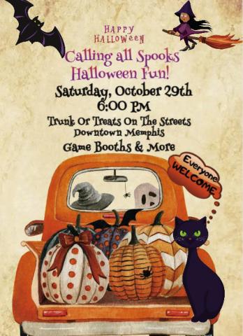 Trick-or-treaters are invited to Memphis Chamber of Commerce’s Trunk-or-Treats on the Streets from 6-8 p.m. Saturday, Oct. 29 on the square in downtown Memphis. Courtesy Graphic