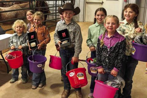 Pee wee winners include Champion Kage Whitaker; Reserve Champion Charlotte Rister; Bella Blue Sanders, third place; Evvy Kaas Kinney, fourth place; Brinley Mock, fifth place; Kodi Cabbell, sixth place; Lily Wyatt, seventh place; Iris Wyatt, eighth place; and Kiddo Kinney, ninth place.