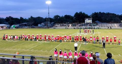Wellington players and fans “pink out” Powell Field Friday, Oct. 24 in honor of Breast Cancer Awareness Month, as the Skyrockets handled the Shamrock Irish in a 67-7 win. Courtesy Photo