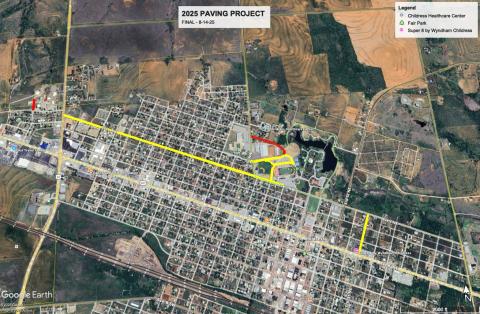 The City of Childress 2025 Paving Project will include five blocks of newly paved streets (yellow), 22 blocks of seal-coated streets (red) and the seal coating of Fair Park Stadium parking lot. 