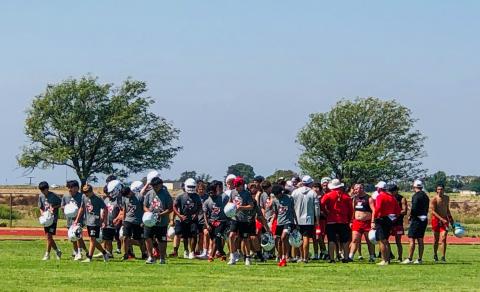 At #20 in Dave Campbell’s Texas Football’s high school ranking, the Wellington Skyrockets perform their final exercise as they wind down their first workout of their 2025 season Monday morning, Aug. 4.  