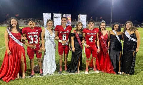 Presented during halftime at the Skyrockets versus Friona Chieftains football game, Wellington High School’s reigning 2025 homecoming royalty includes second runners-up Brynlee Proffitt and Joey Orozco, left, first runners-up Treylea Wiebe and Major Brown and Football Queen and King Bryn Phillips and Noah Cantu. Reigning Rocket Regiment royalty includes queen Bailey Steagall, first runner-up Jasmin Moreno and second runner-up Eryn Torrez. 