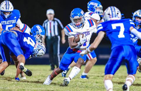 Childress’ Lucian Davis chews up 166 yards with three touchdowns in the Bobcats’ final non-district matchup against Stratford Friday, Oct. 3 at E.L. Bass Stadium. 