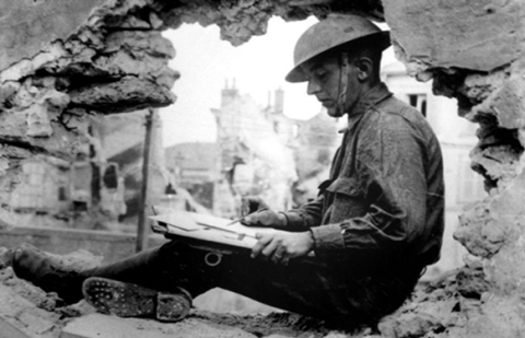 A soldier writes letters home during the war. 