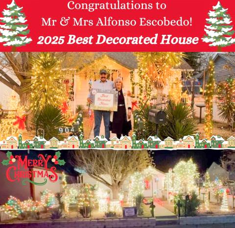 The Collingsworth County Chamber of Commerce congratulates Alfonso and Linda Escobedo for being the 2025 Best Decorated House. Located in the 900 block of Dalhart St., take some time to drive by to view the light display and enjoy the faint Christmas music. 