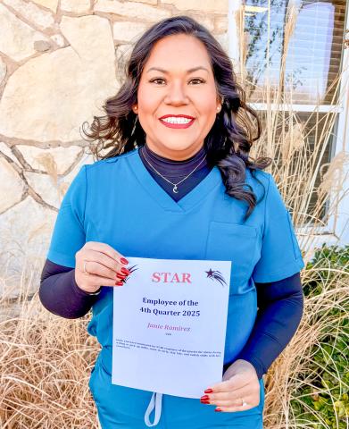 Janie Ramirez, Licensed Vocational Nurse, accepts the STAR (Service, Teamwork, Attitude and Results) distinction for the fourth quarter of 2025 for her dedication to supporting both patients and coworkers