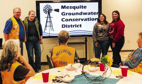 Lion Neal Odom, left, welcomes program presenters Whitney Wiebe, General Manager of the Mesquite Groundwater Conservation District, and Anna Granadoz and Jacy Lampe, Texas 4-H Water Ambassadors, for a recent meeting of the Wellington Lions Club. The Red River Sun/Bev Odom