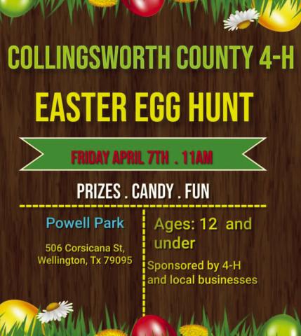 As a community service project, Collingsworth County 4-H members and adult leaders will conduct its annual Easter Egg Hunt at 11 a.m. Friday, April 7 at Powell Park, 506 Corsicana St., Wellington. Children 12-years-old and under are invited to participate. Courtesy Image