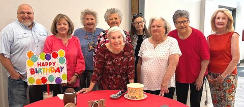 Wellington Senior Citizens Center celebrates September birthday honorees with a Skyrocket football themed party following the delicious chicken strip lunch on Wednesday, Sept. 16. From left: Chris Carlisle, Peggy Allred, Vada Wood, Fraya Hammons, LaJaunda Ressell, Cathy Crist, Helen Patterson, Nanette White, and Norma Spillman. COURTESY PHOTO