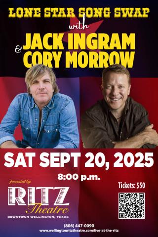 Country music favorites Jack Ingram and Cory Morrow will take the stage of the historic Wellington Ritz Theatre at 8 p.m. Saturday, Sept. 20 for an unforgettable night of songs, stories and Texas music magic. The $50 tickets can be purchased via the website, wellingtonritztheatre.com; at the box office, 902 East Ave.; or by leaving a message at 806-447-0090. Wellington Ritz Theatre