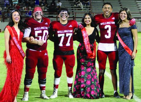 Wellington High School’s 2022 Skyrocket football homecoming royalty takes the field for presentation during halftime last Friday night, Sept. 9. From left, Queen and King Summer Owens and Blake Strickland; First Runners-Up Rey Ramirez and Emily Robles; Second Runners-Up Jordan Nation and Miranda Granadoz. The Red River Sun/Shauna Salinas
