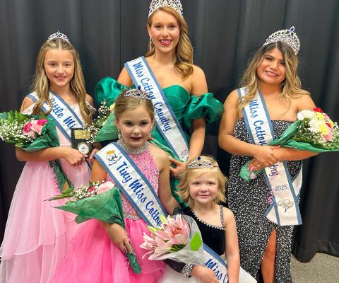 The 2025 Miss Cotton Country court gathers on the stage of Hollis High School Saturday night, Sept. 6. From left: Little Miss Cotton Country Madelynn McMahan, of Altus, Okla.; Tiny Miss Cotton Country Claire Martin, of Altus; Mini Miss Cotton Country Raine Matthews, of Elk City, Okla.; Miss Cotton Country Harlee Gomez, of Wellington; and Teen Miss Cotton Country Raelea Davila, of Wellington. Miss Cotton Country Pageant