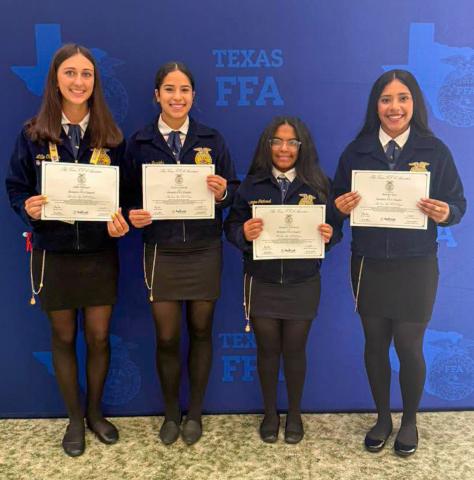 Memphis’ Lillie Ollinger, Jaelyn Gaxiola, Jasmyne Gilchrest and Juliana Soto receive their Lonestar Degrees — the highest degree of membership awarded — at the Texas FFA State Convention, held Monday, July 6-Friday, July 10 in Fort Worth. MEMPHIS ISD