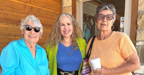 Court of Criminal Appeals candidate Holly Taylor (center) visits with Grace Holman, Childress County Democratic Chair, and Lila Hoobler (right) Sunday in Dawson’s Restaurant. COURTESY PHOTO