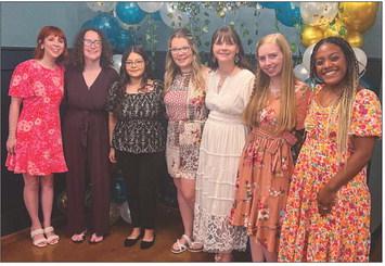 Wedding attendants and friends surround honoree Grace Kiker at her bridal shower on Saturday morning, June 7 at the downtown Wellington Lewis Building. From left: Victoria Kiker, Jalee Davis, Victoria Sanchez, Megan Manning, guest of honor Grace Kiker, Sarah Chadwick and Kira Mickens. Courtesy Photo
