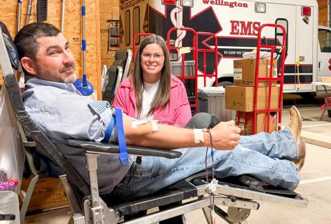 Vance Killian makes his very first blood donation, while wife Kelli Killian gave her 18th donation, during the “Gotta Have it” Wellington Community Blood Drive on Monday, March 16 at the Wellington Ambulance Barn. With the Killian’s contributions, Wellington totaled 13 donations for the event, reported Coffee Memorial Blood Center Administrative Coordinator Jennifer Baker. For more information, call 877-340-8777 or visit obi.org. The Red River Sun/Bev Odom