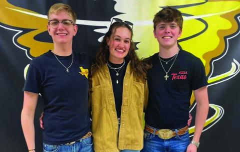 Memphis High School students Karsen Byard, left, Maggie Cook and Carson Smith recently qualified for the UIL Academic Regional Meet, which will be held Friday, April 21 at West Texas A&amp;M University in Canyon. Byard and Smith qualified in Current Events, while Maggie Cook qualified in Prose and Editorial Writing. Photo Courtesy of Memphis ISD