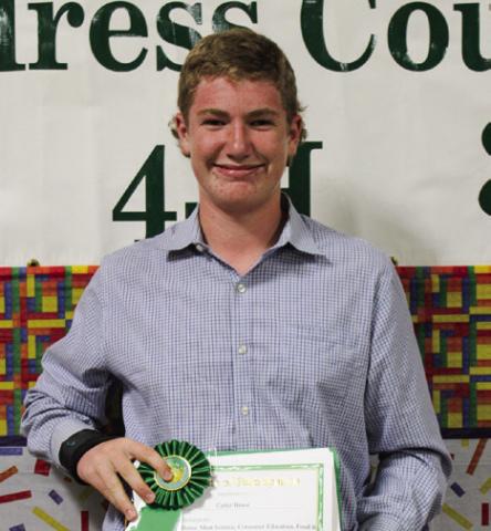 Cutter Bruce participated in Beef Cattle, Consumer Education, Food and Nutrition, Horse, Meat Science, Photography, Promote 4-H and Record Book and was Junior High Club Reporter.