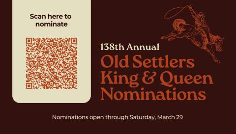Nominations for the 138th Annual Childress County Old Settlers King and Queen can be submitted through the QR code above. Nominations are open through Saturday, March 29. The Red River Sun