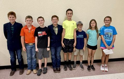 The 2025-2026 Childress County 4-H Elementary Club Officers include, from left, Third Vice President David Rister, President Kage Whitaker, Reporter Rhett Schaefer, Second Vice President Daniel Rister, Parliamentarian Carter Keys, Treasurer Dawson Adcock, Secretary Emma Keys and First Vice President Cambri Willis. Childress County 4-H