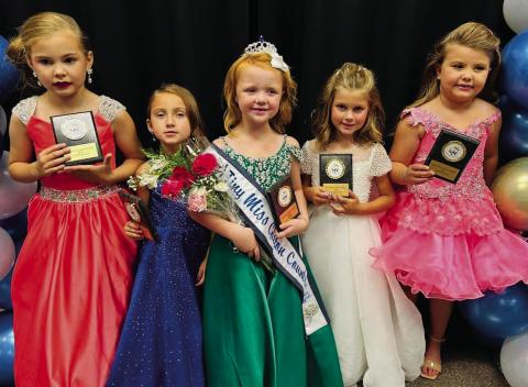 The 2024 Tiny Miss Cotton Country queen court includes, from left, third runner-up Claire Martin, Altus, Okla.; second runner-up Kate Ford, Tipton, Okla.; Tiny Miss Cotton Country Renly Matthews, Elk City, Okla.; first runner-up Adeline Faulks, Wellington; and fourth runner-up Delaney Chambless, Hedley. Photos Courtesy of Miss Cotton Country Organization