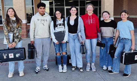 Wellington Junior High School Rocket Regiment members travel to Pampa Junior High School for the recent all-region band tryouts. From left: Ashlyn Medina, Elijah Granadoz, Sophia Derr, Haliah Cantu, Autumn Shatswell, Ava Peters, Grace Peters. Courtesy Photo