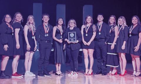 Judges award Wellington High School One Act Play’s performance, “What I Did Last Summer,” as an advancing play at the recent district contest. From left: Anna Granadoz, Rylyn Colson, Jaci Porter, Jackson Jones, Leslie Rodriguez, Director Lana Tillman, Treylea Wiebe, Miguel Rincon, Ceighley Killian, Maggie Tillman, Ava Garcia. Wellington High School