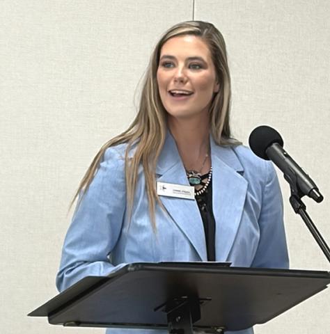Addressing the small crowd at the Monday, Sept. 14, Collingsworth County Farm Bureau County Convention and Dinner, Texas Farm Bureau Field Representative Lyndee Stegall shares her passion for enlightening youth on how agriculture impacts their lives. INTREPID PHOTO / BEV ODOM