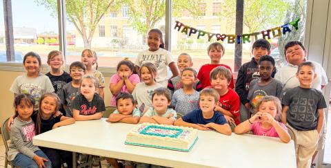 Overlooking the Collingsworth County Courthouse Square, the Wellington Opportunity Center students mark the last day of the Spring Session with a birthday party celebration. Angel’s Subs &amp; Sweets graciously donated the cake. The six-week summer session begins Monday, June 8. BEV ODOM/THE GREENBELT INTREPID