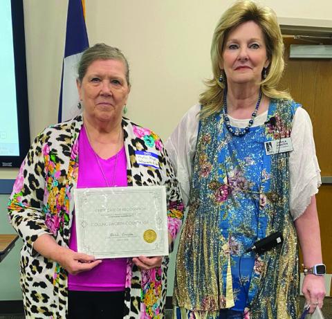 Collingsworth County Retired School Personnel Association (RSPA) President Phyllis Floyd, left, accepts a certificate of recognition for increased membership from District 16 Texas Retired Teacher Association President Charla Overton during the recent conference. Courtesy Photo