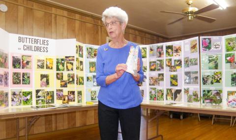 Edie Johnson, coined the “Butterfly Lady” of Childress, presented a program to Delta Kappa Gamma on butterflies that visit Childress, including her Noth American Butterfly Association Certified Butterfly Garden in southeast Childress. She frequently referred to her butterfly display—photos of butterflies she created on sets of triptych panels. Johnson gave a complete list of items to attract butterflies, as well as one item to never include—“no insecticides, ever,” she said. Grace Holman