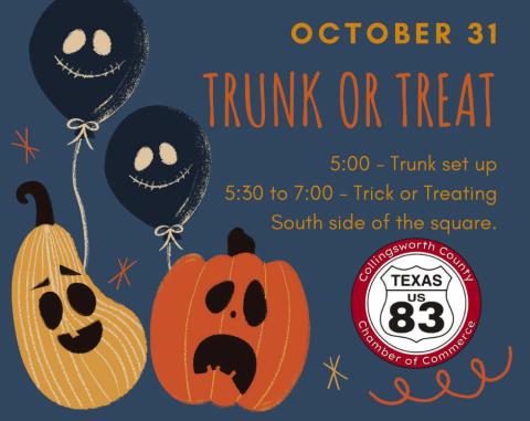“Trunks” are invited to begin set-up at 5 p.m. on the south side of the Collingsworth County Courthouse Square Monday, Oct. 31. For the Collingsworth County Chamber of Commerce’s Trunk-or-Treat event from 5:30-7 p.m. Courtesy Image