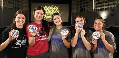 The junior varsity and varsity Childress Lady Cat volleyball teams celebrate teammate Journey Prince’s birthday Monday, Sept. 19 at The Palace Theater. From left, Chloe Churchill, Prince, Kaydence Simpkins, Brinley Stone, Addi Edmondson. Courtesy Photos