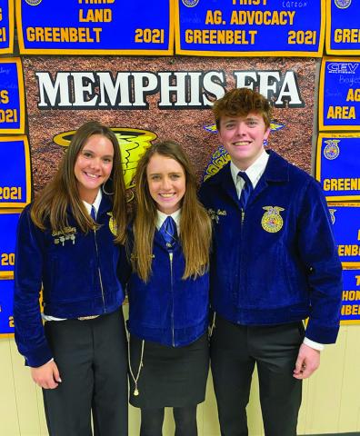 Memphis High School FFA students Emma Talley, left, Braylee Brooks and Carson Smith are featured on KVII – ABC 7 News Amarillo, celebrating the operation of the district’s first successful greenhouse. Courtesy Photo
