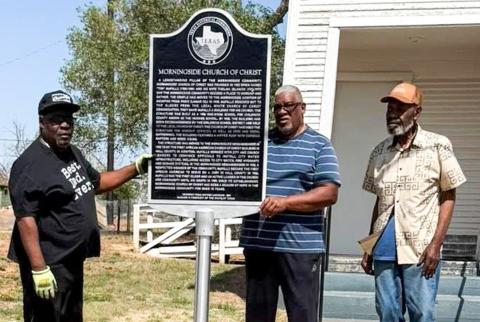 Morningside Church of Christ volunteers recently erect the church’s new state historical marker in preparation for a public unveiling at 1 p.m. Saturday, June 6 in Memphis. Morningside was founded in 1952 as the first Black Church of Christ in Hall County, and the church building dates back to 1906 as the Hughes community school in Childress County. The school was closed in 1930, and the building was later moved to Memphis. COURTESY PHOTO