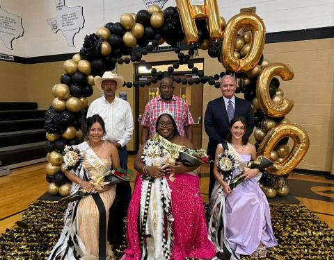 Tanasia Grays (center) was crowned the 2026 Memphis High School Homecoming Queen last week. She is shown here with the other members of the homecoming court - Julia Soto and Lillie Ollinger - and their escorts. MEMPHIS ISD