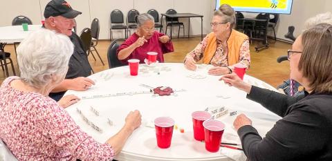 An intense game of Mexican Train Dominoes ensues during the May Wellington Senior Citizens Center Domino and Game Night social. Members enjoyed the hotdog meal, drink and dessert, along with the crazy competition and fun fellowship. From left: Linda Powell, Dave Hall, Eva Hamby, Sharon Starkey, Vada Wood, Marie White. WELLINGTON SENIOR CITIZENS CENTER