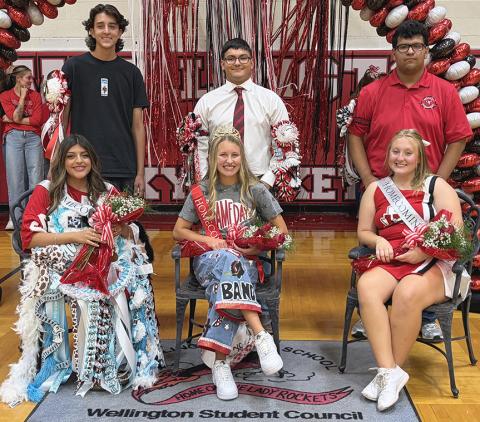 All seniors, the Rocket Regiment Homecoming Royalty includes Band Queen Elli Ouellette and Band King Christopher Reyes, center; first runner-up Ava Acosta and Aladdin Rodriguez, left; and second runner-up Allie Duncan and Kris Valdez.