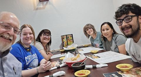 Intrepid Managing Editor Elizabeth Tanner (second from left) was honored by her co-workers with a farewell lunch last Thursday. Tanner started a new job this week with IREN Energy after six years with The Red River Sun and The Greenbelt Intrepid, and we wish her the best on her new adventure. Also shown here are Publisher Roger Estlack, Ad Manager Tara Allred, Associate Editor Bev Odom, Reporter Shauna Salinas, and Circulation Director Synghyn Beasley-Vasquez. INTREPID PHOTO