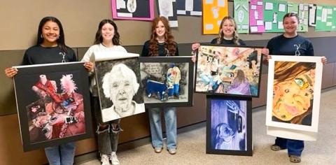 Wellington High School artists, including, from left, Jasmin Moreno, Rilynn Southerland, Bailey Page, Elli Ouellette and Jacy Lampe, exhibit their art pieces created for the recent Visual Arts Scholastic Event (VASE) competition in Amarillo. Wellington High School