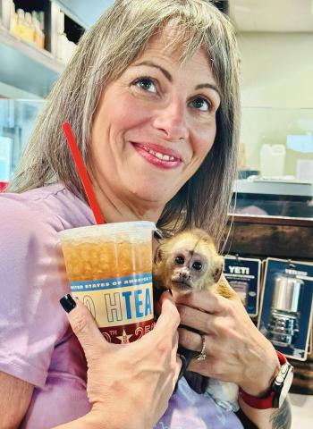 Furry friends of all kinds – even monkeys – are invited to HTeaO in Childress, as proved by one special customer Friday, Aug. 14. “When we say we’re pet friendly, we mean it,” HTeaO General Manager Olivia Wedel said. “We’re always happy to see our furry, feathery, or scaly friends.” COURTESY PHOTO / OLIVIA WEDEL