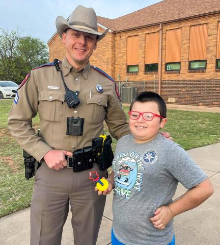 Texas Department of Public Safety Trooper Nathan Bozeman stops by Childress Elementary School (CES) Tuesday, April 7. “We appreciate all of our law enforcement that come by,” CES Principal Tracey Blake said. “We love seeing the relationships with our students.” Childress Elementary School