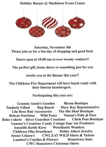 Childress Chamber of Commerce’s annual Holiday Bazaar, featuring over 20 vendors, will take place Saturday, Nov. 5 at the Mashburn Event Center and Arena. Courtesy Graphic