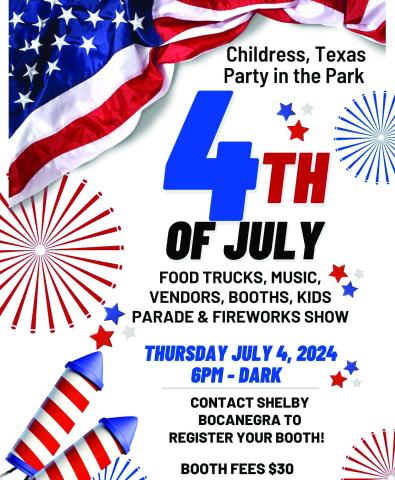 The Fourth of July Party in the Park will take place at 6 p.m. Thursday, July 4. Interested vendors should contact Shelby Bocanegra to register for the event. Courtesy Graphic