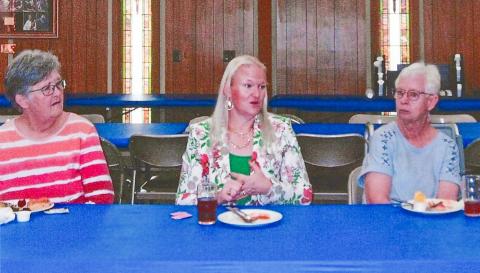 Applegate Quality Assurance Manager Adria Holter, center, discusses the importance of food safety protocol from the supplier to the dining table at the recent Adult Fellowship Luncheon at the Childress Methodist Church Fellowship Hall. With Holter are Sabrina Landrum, left, and Dianne Phillips, right. Grace Holman