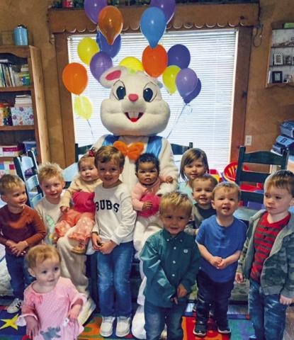 In operation since 1986, DeeDee’s Daycare kids receive a visit last week from the Easter Bunny. From left: Willie Pickard, Luke Lemons, Blakely Bell, Calum and Libby Needham, Nakiyah Basset, McKrae and Bex Byers, Rhett Needham, Cory Henard, Westley Owen. Courtesy Photo
